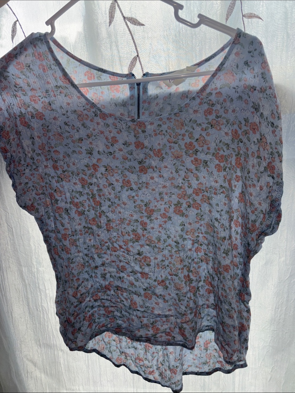 Pink Rose Sky Blue Floral Short-Sleeve Scoop Neck Blouse